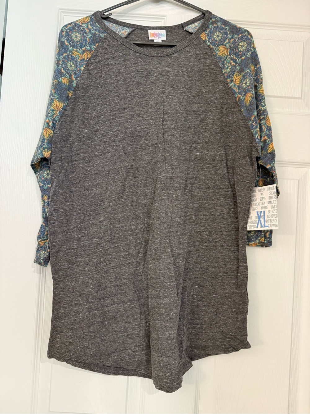 LuLaRoe Randy Women’s Charcoal Gray Raglan Top with Blue Floral Sleeves